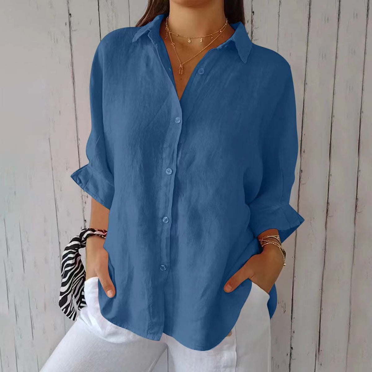 Textured button-front shirt in royal blue