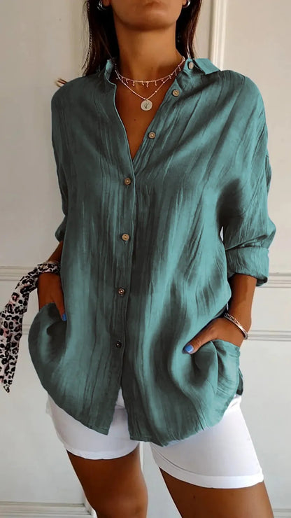 Textured button-front shirt in peacock green