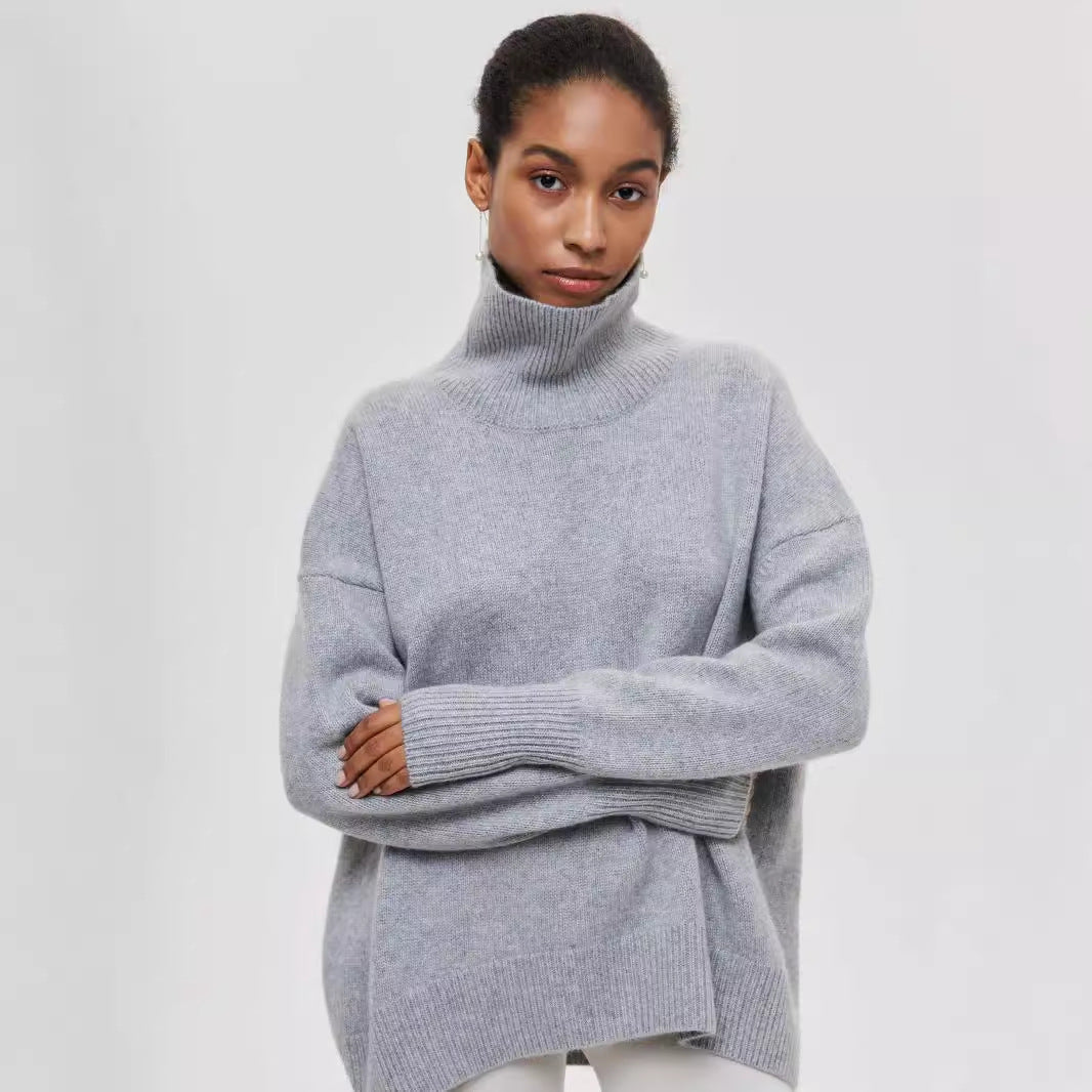 Relaxed turtleneck sweater in silver gray, front view