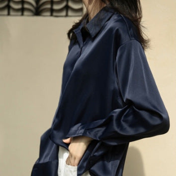 Satin-effect button-up shirt in royal blue