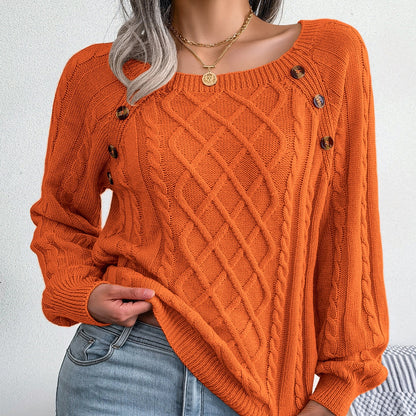 Button-detail cable-knit sweater in orange