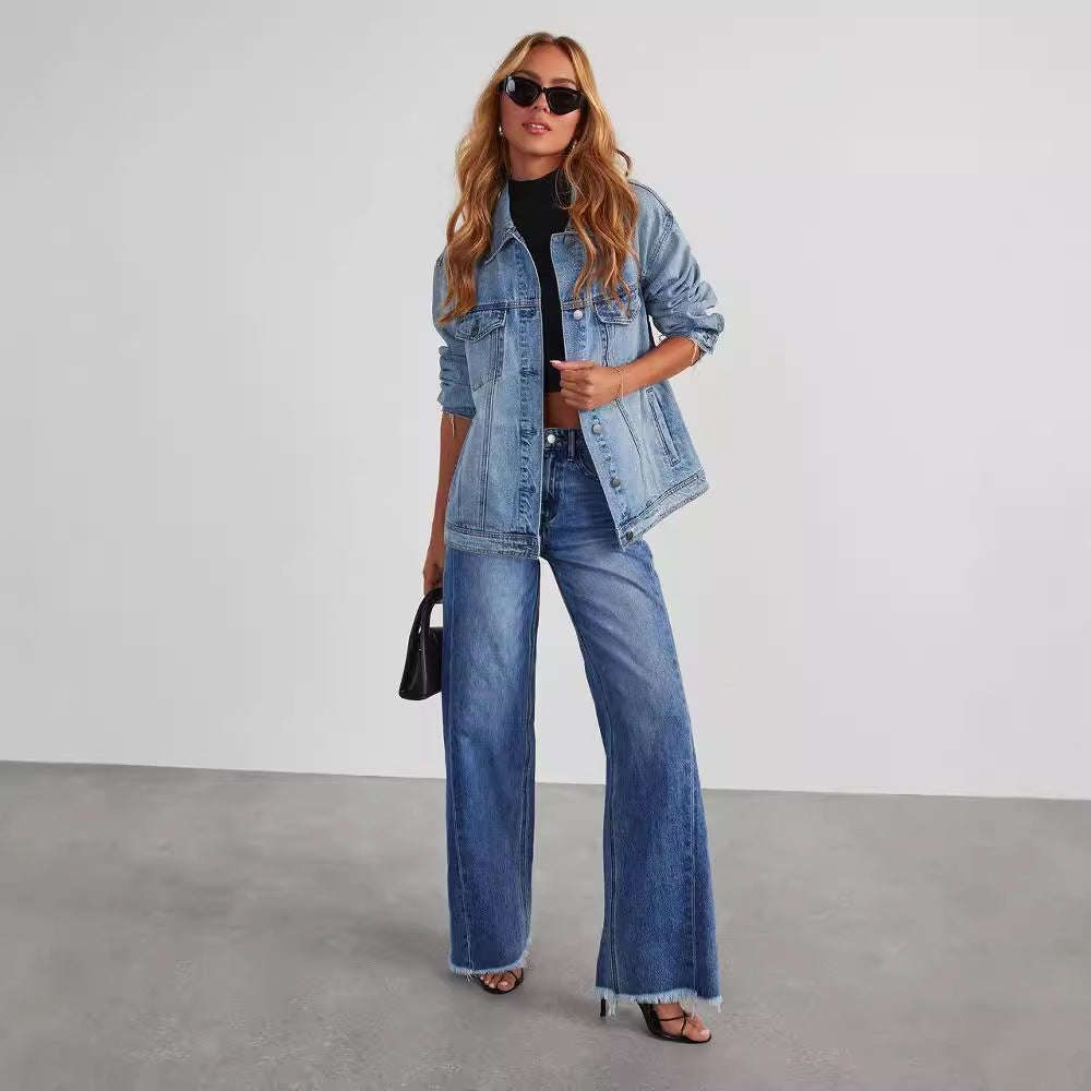 Straight wide-leg jeans worn with a denim jacket