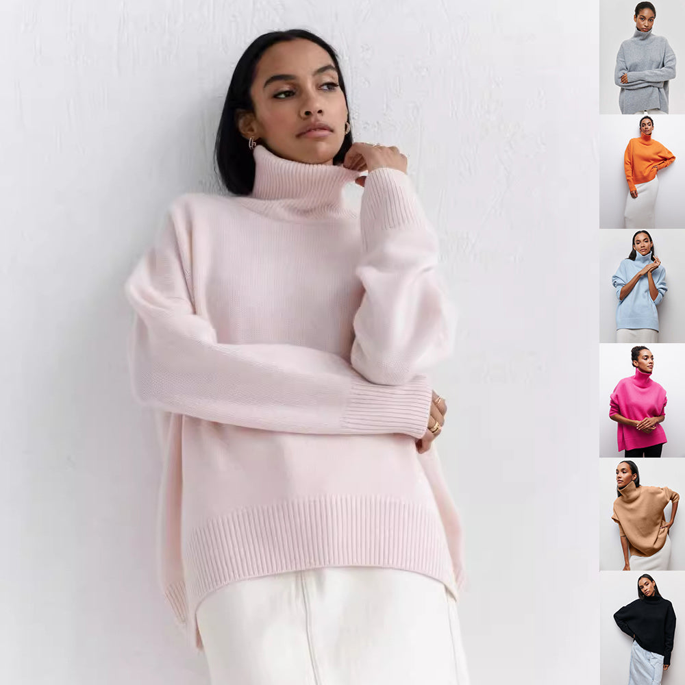 Relaxed turtleneck sweater in pale pink with a colour strip
