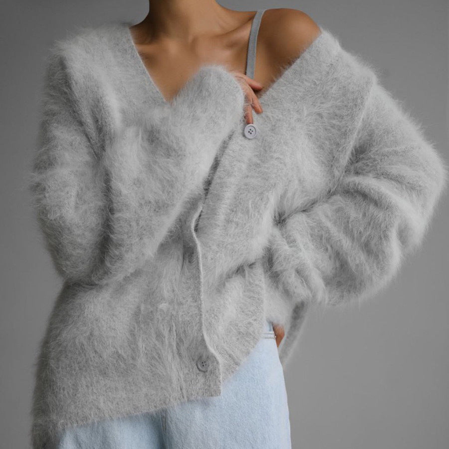 Textured V-neck cardigan in light gray worn open
