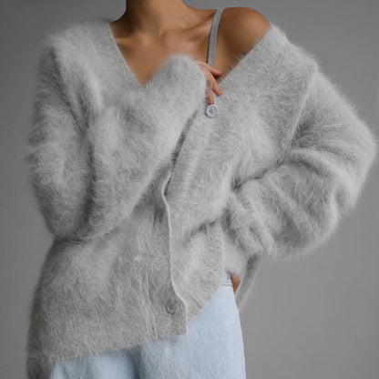 Textured V-neck cardigan in light gray worn open