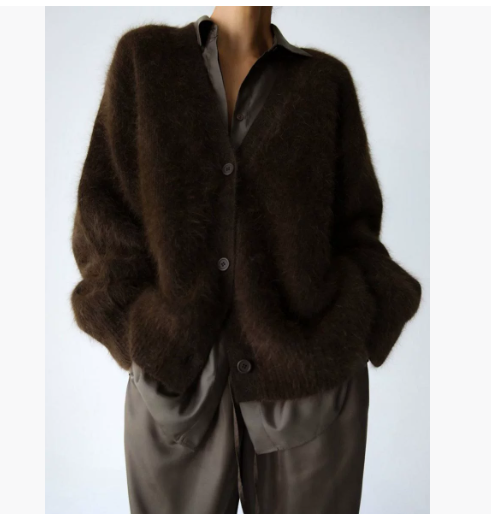 Textured V-neck button cardigan in brown, front view