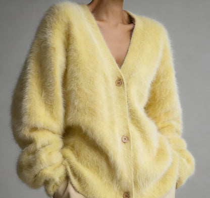 Textured V-neck button cardigan in yellow