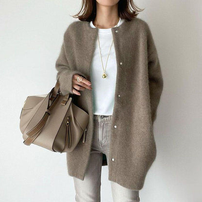 Round-neck button cardigan in brown, front view