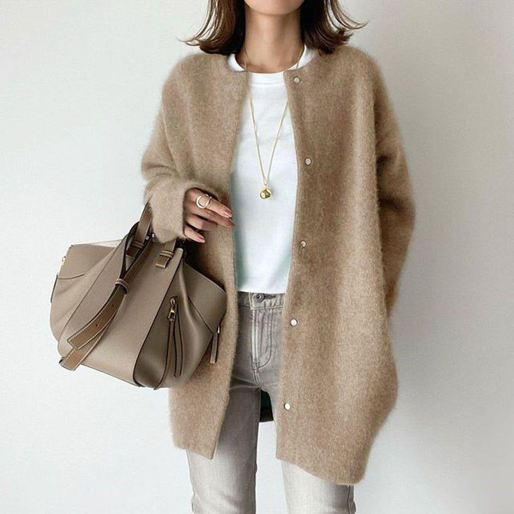 Round-neck button cardigan in khaki