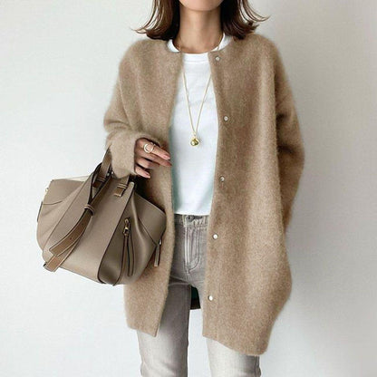 Round-neck button cardigan in khaki