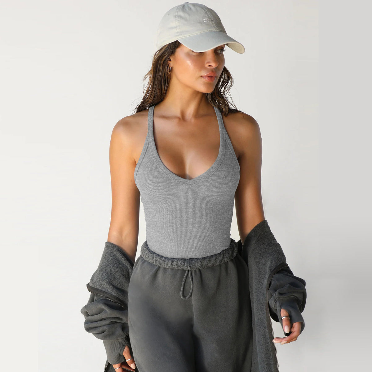 Scoop-neck knit layering tank in grey