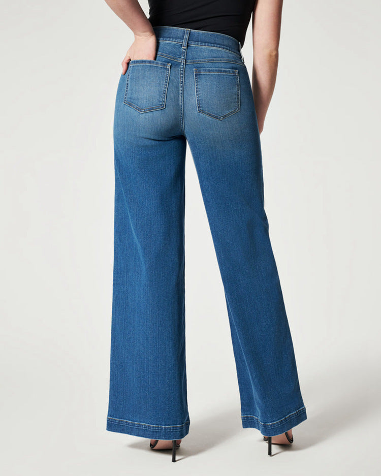 Wide-leg jeans in the navy blue wash, back view