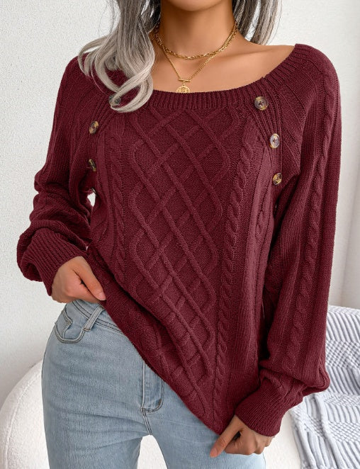 Button-detail cable-knit sweater in wine red
