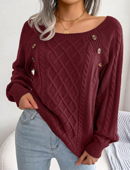 Button-detail cable-knit sweater in wine red