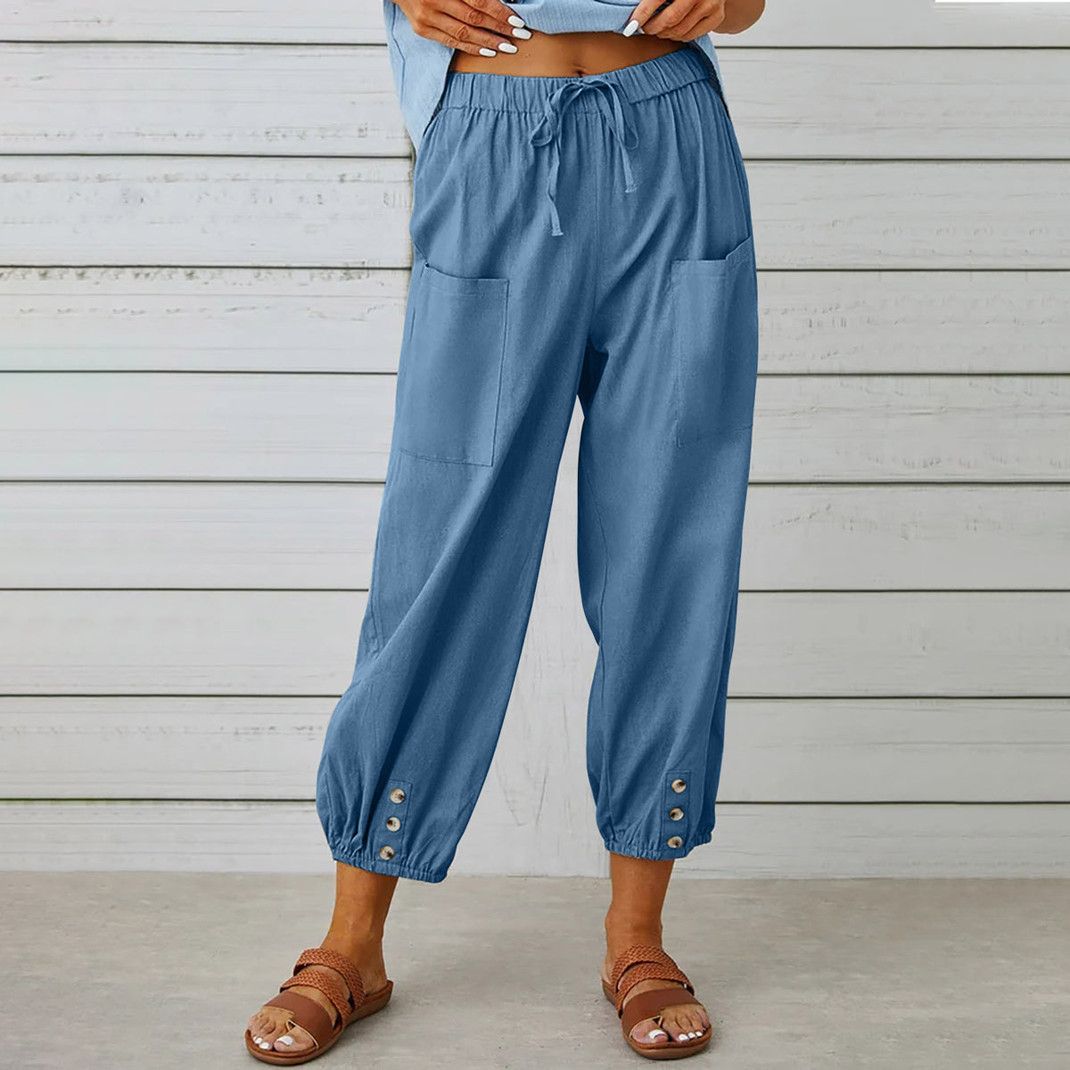 Drawstring tapered trousers in denim blue