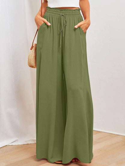 Wide-leg drawstring trousers in army green