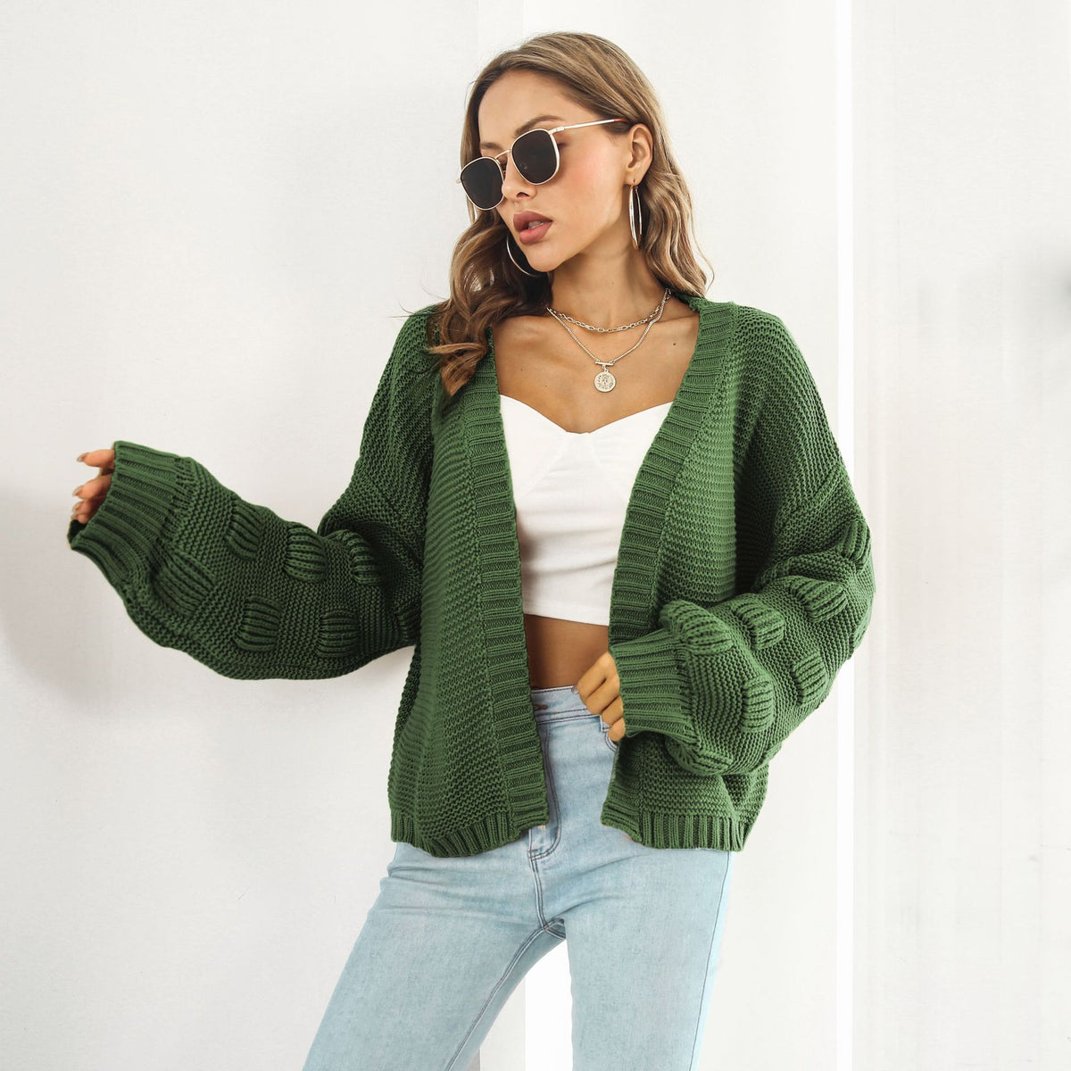 Balloon-sleeve open cardigan in army green, front view