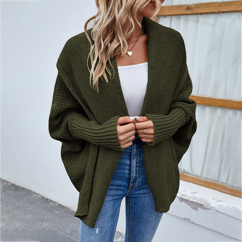 Shawl-collar knit cardigan in army green