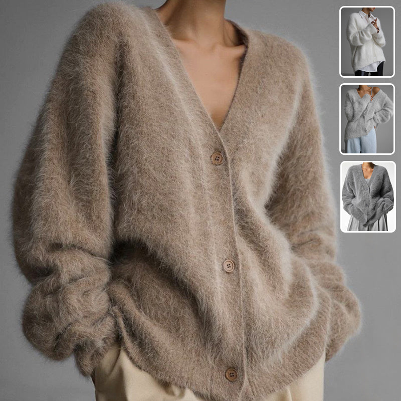 Textured V-neck cardigan in taupe with a colour strip