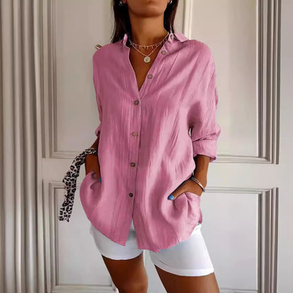 Textured button-front shirt in pink, front view