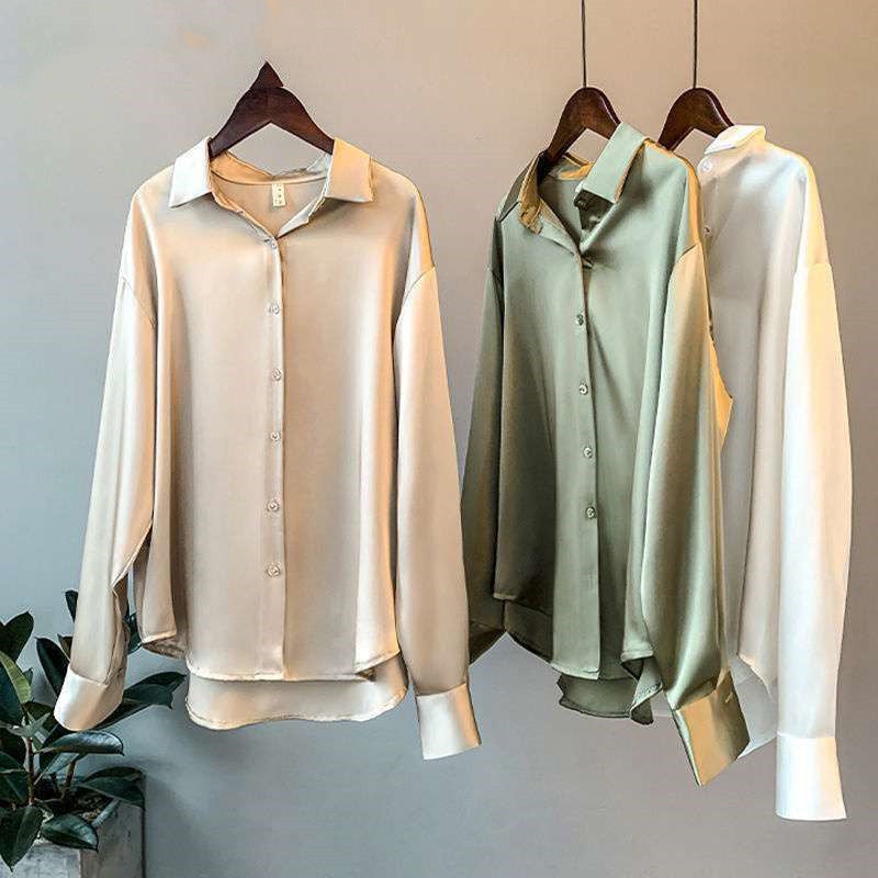 Two satin-effect shirts in champagne and green