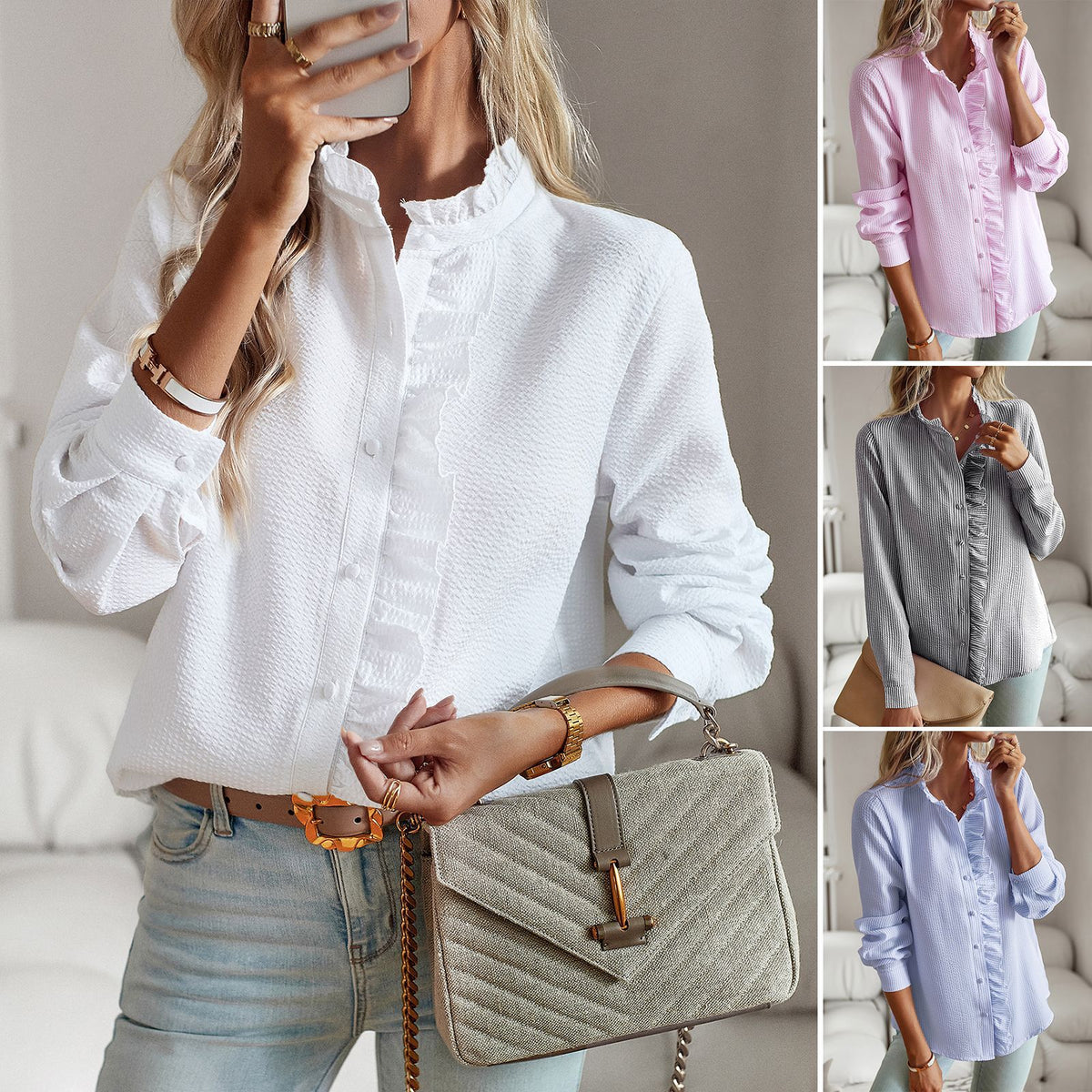Ruffle-trim blouse in white with a colour strip