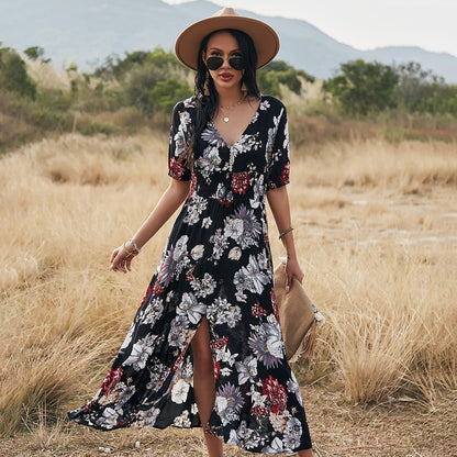 Floral V-neck day dress with a black ground print