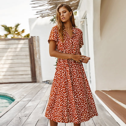 Small-dot collared midi dress in orange