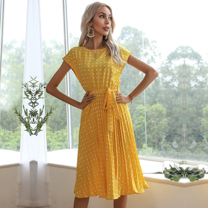 Polka-dot pleated midi dress in yellow
