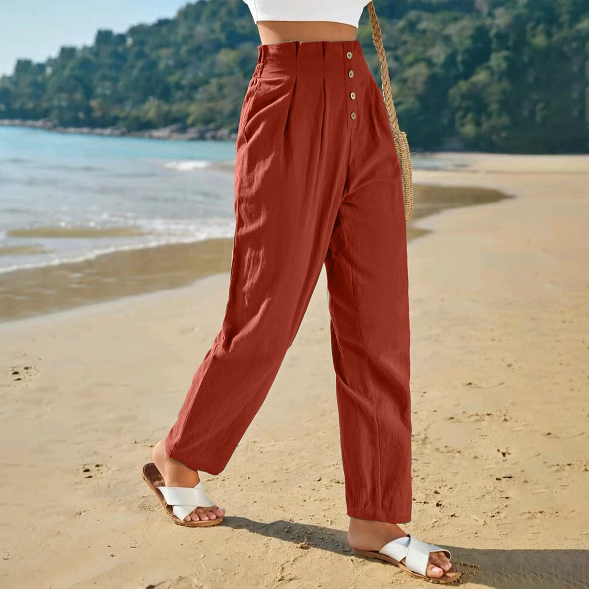 Button-front tapered trousers in brick red