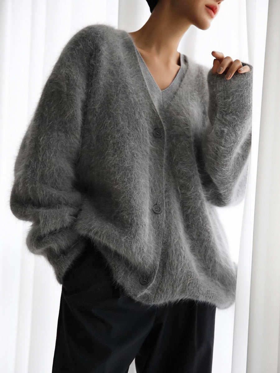 Textured V-neck button cardigan in dark gray