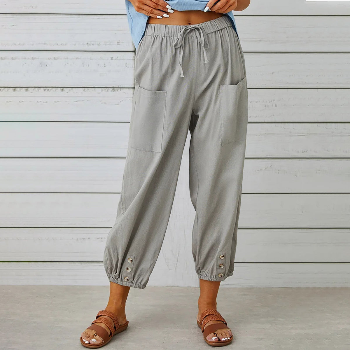Drawstring tapered trousers in light gray