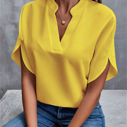 Split-neck blouse in yellow, front view