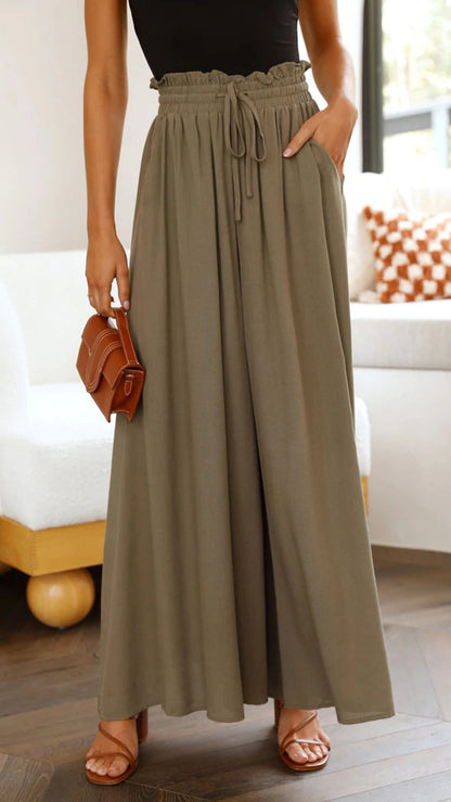 Flowing wide-leg drawstring trousers in linen green