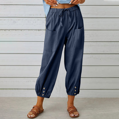 Drawstring tapered trousers in navy blue