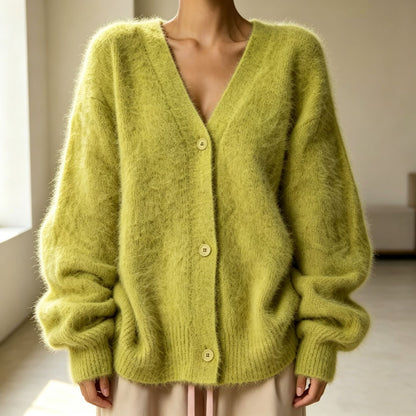 Textured V-neck button cardigan in matcha green