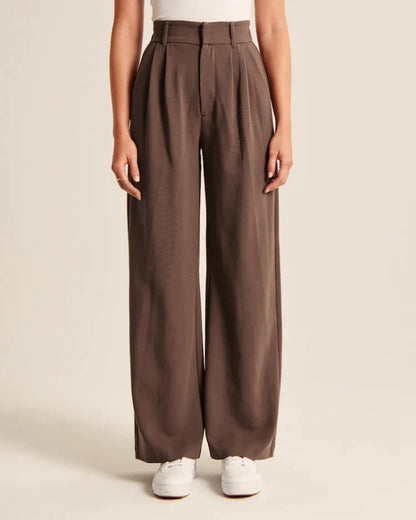Pleated tailored wide-leg trousers in dark brown