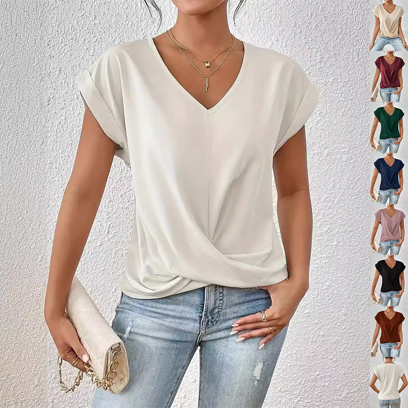 Knot-front V-neck top in white with a colour strip