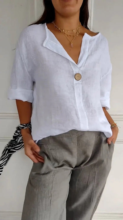 Relaxed button-neck blouse in white, front view