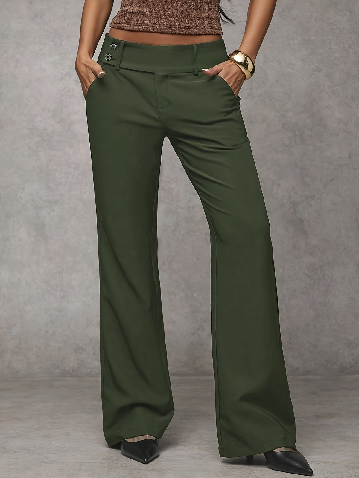 Button-tab wide-leg trousers in army green