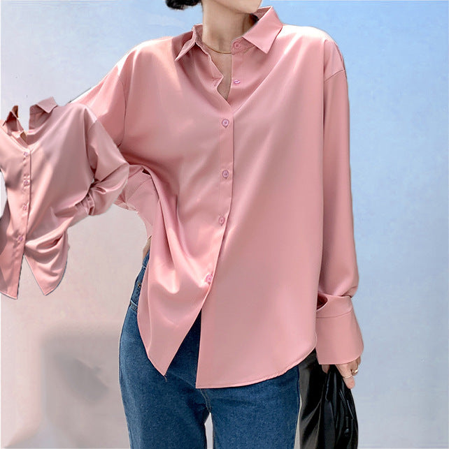 Satin-effect button-up shirt in pink
