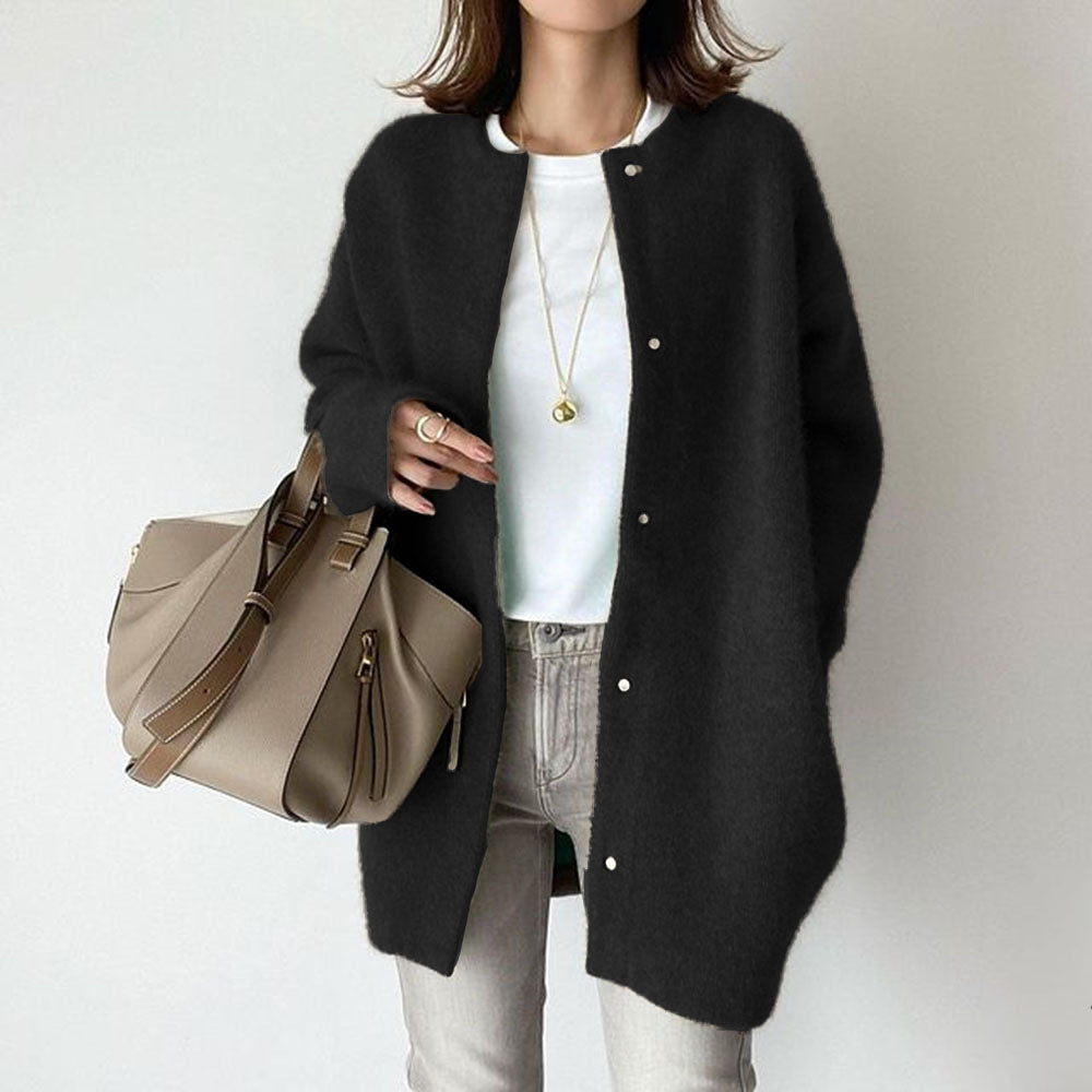Round-neck button cardigan in black, front view
