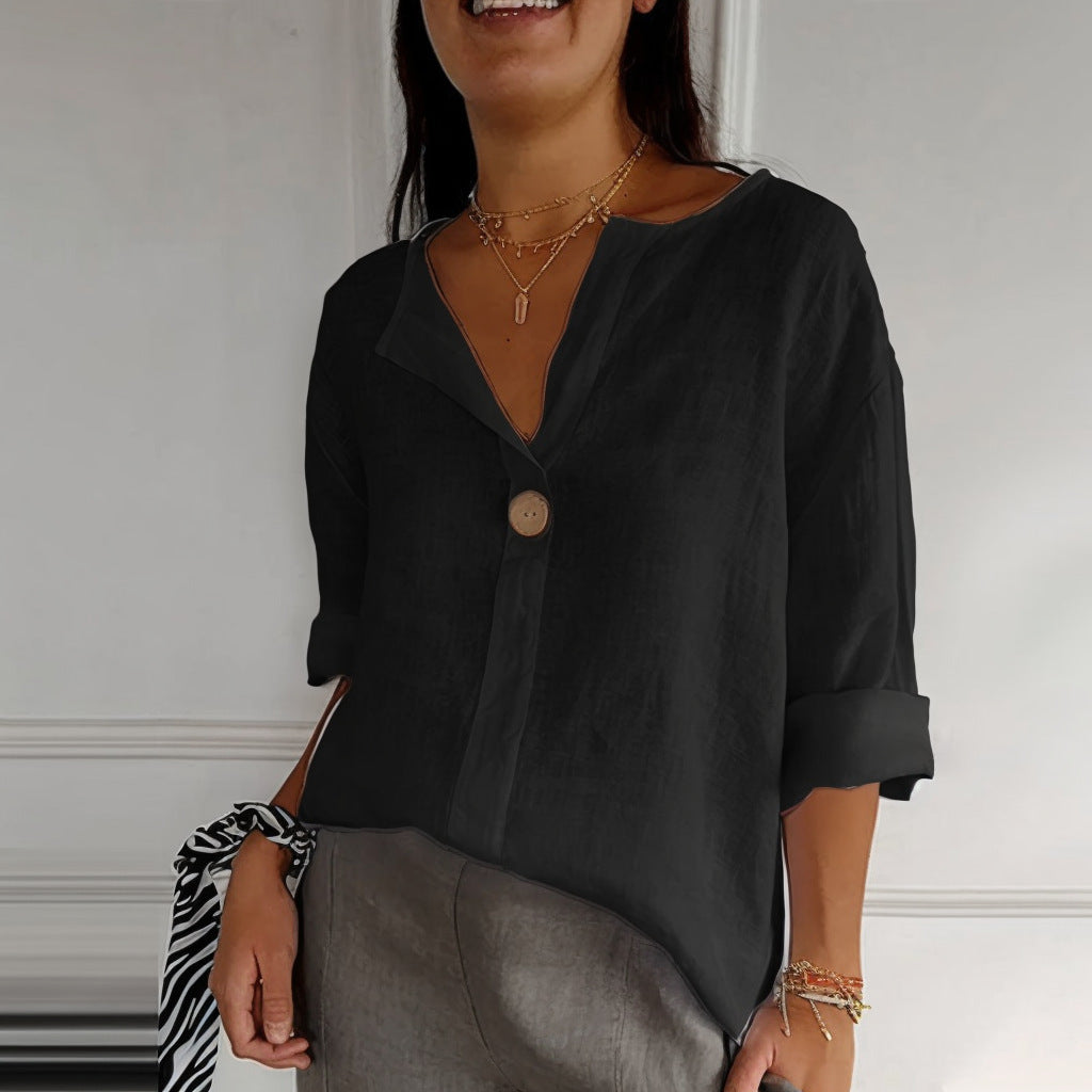 Relaxed button-neck blouse in black