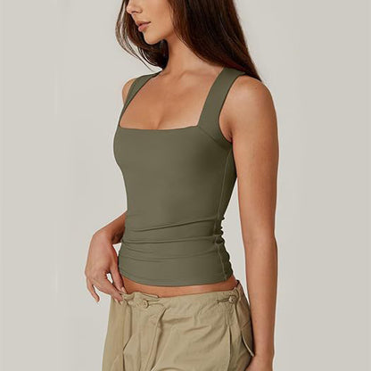 Square-neck tank in olive, side view