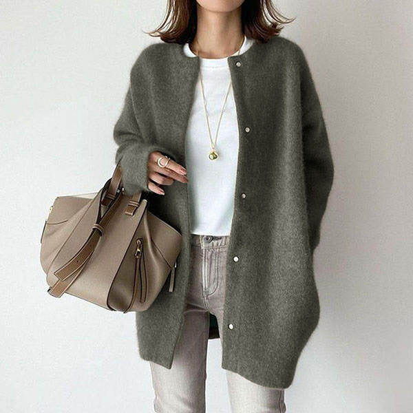 Round-neck button cardigan in olive green