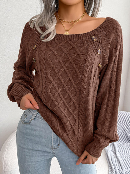 Button-detail cable-knit sweater in coffee