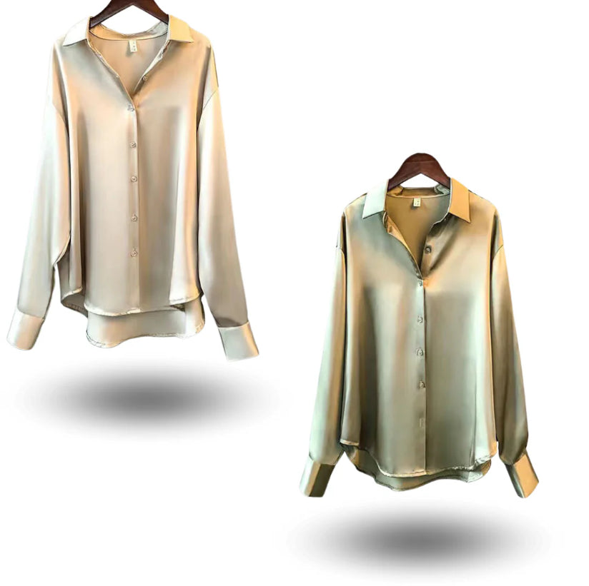 Satin-effect button-up shirt in green and champagne, two shirts shown