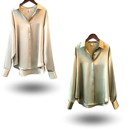 Satin-effect button-up shirt in green and champagne, two shirts shown