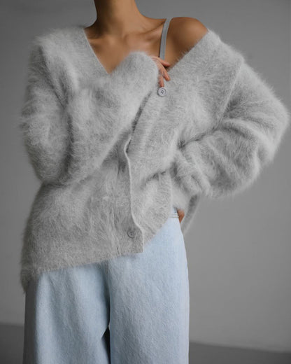 Textured V-neck button cardigan in light gray