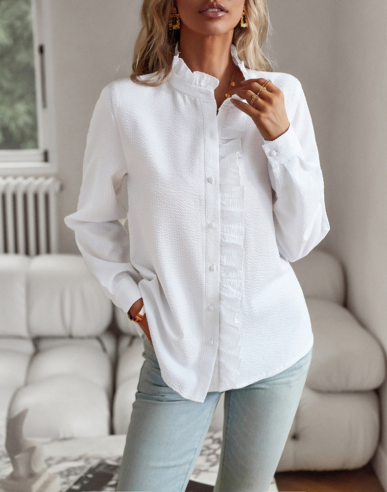 Ruffle-trim blouse in white, front view